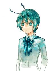 1girl androgynous antennae blue_bow blue_bowtie blue_eyes blue_hair blue_theme bow bowtie closed_mouth collared_shirt commentary_request expressionless long_sleeves looking_afar shin&#039;ichi_(yokosuka220) shirt short_hair simple_background solo touhou upper_body white_background white_shirt wriggle_nightbug