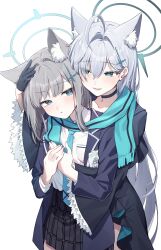 2girls absurdres animal_ear_fluff animal_ears black_choker black_dress black_gloves black_skirt blue_archive blue_eyes blue_jacket blue_necktie blue_scarf blush choker closed_mouth cross_hair_ornament dress extra_ears gloves grey_hair hair_between_eyes hair_ornament highres hug hug_from_behind jacket long_hair lower_teeth_only maruta_(shummylass) multiple_girls necktie open_mouth plaid_clothes plaid_skirt pout scarf shiroko_(blue_archive) shiroko_terror_(blue_archive) shirt sidelocks skirt teeth white_shirt wolf_ears wolf_girl