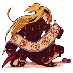 1boy akatsuki_uniform black_nails blonde_hair closed_mouth deidara_(naruto) forehead_protector full_body jewelry long_hair long_sleeves looking_back lowres male_focus nail_polish naruto_(series) naruto_shippuuden ninja ring scroll simple_background smile solo squatting very_long_hair white_background yosakuh