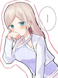 ... 1girl absurdres blue_eyes ceras_yanagida_lilienfeld ceras_yanagida_lilienfeld_(summer_training_wear) covering_own_mouth criss-cross_halter cropped_jacket grey_hair hair_ribbon halter_shirt halterneck hand_over_own_mouth highres hisho_(rythm_hisho) jacket link!_like!_love_live! long_hair long_sleeves looking_at_viewer love_live! open_clothes open_jacket pink_ribbon purple_shirt ribbon shirt solo speech_bubble spoken_ellipsis upper_body v-shaped_eyebrows virtual_youtuber white_jacket