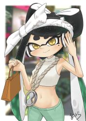+_+ 1girl aiura_chan bag bare_shoulders callie_(splatoon) cosplay crop_top headband headphones marina_(splatoon) marina_(splatoon)_(cosplay) midriff nintendo pants sleeveless splatoon_(series) splatoon_2 splatoon_2:_octo_expansion twintails yellow_eyes