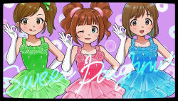 3girls :q aqua_eyes blue_dress brown_eyes brown_hair collarbone donut_background dress elbow_gloves futami_mami gloves green_dress hagiwara_yukiho highres idolmaster idolmaster_(classic) looking_at_viewer multiple_girls naruse_ill ok_sign one_eye_closed open_mouth pink_dress purple_background short_hair side_ponytail sleeveless sleeveless_dress smile takatsuki_yayoi tongue tongue_out twintails upper_body white_gloves