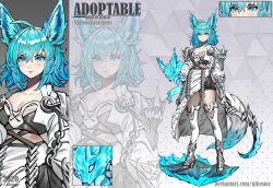 1girl 2020 adoptable ahoge allosauc animal_ears artist_name black_shorts blue_eyes blue_hair boots breasts reference_sheet cleavage close-up closed_mouth collarbone commentary cowboy_shot creature_and_personification cross-laced_clothes deviantart_username english_commentary english_text expressionless eyeshadow fennec_fox fox fox_ears fox_tail full_body gradient_background grey_background grey_footwear grey_tube_top high_heel_boots high_heels highres knee_cutout large_breasts light_blush looking_at_viewer makeup medium_hair multiple_views original over-kneehighs personification pink_eyeshadow polka_dot polka_dot_background projected_inset short_shorts shorts simple_background skirt socks strapless tail thighhighs triangle_background tube_top white_skirt white_socks