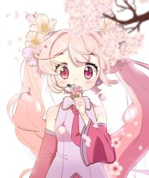 1girl absurdres branch cherry_blossoms collared_shirt covered_mouth detached_sleeves eyelashes flower grey_shirt hair_flower hair_ornament hareeangkki hatsune_miku headset highres holding holding_flower long_hair necktie pink_hair pink_necktie sakura_miku shirt solo spring_(season) twintails vocaloid white_background
