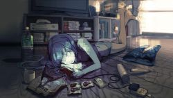 1girl amazon_(company) ass bare_shoulders barefoot blue_panties blurry bottle box breasts cardboard_box cellphone chips_(food) cleavage controller crossed_legs cup curtains depth_of_field desk empty_eyes female_focus food full_body game_cartridge game_console game_controller head_rest highres indoors lava_lamp legs_up logo long_hair looking_at_phone lying medium_breasts mug on_floor on_stomach original paint_roller panties pants parted_lips phone pixelated playstation_2 potato_chips reflective_floor rias-coast room smartphone solo source_request sunlight television trash underwear unworn_pants water_bottle window wire wooden_floor wrapper xbox_360