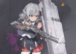 Rule 34 | 1girl, absurdres, bare shoulders, braid, breasts, brown gloves, collarbone, commentary request, detached sleeves, dual-mode shotgun, fingerless gloves, food, girls&#039; frontline, girls&#039; frontline 2: exilium, gloves, grey hair, gun, highres, holding, holding gun, holding weapon, large breasts, medium hair, parted lips, pizza, pleated skirt, pump-action shotgun, pump action, red eyes, red skirt, sabrina (girls&#039; frontline 2), semi-automatic shotgun, shield, shirt, shorts, shorts under skirt, shotgun, skirt, solo, spas-12, spas-12 (girls&#039; frontline), spxn7787, weapon, white shirt