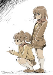 2girls blush brown_hair glasses hands_in_pockets kubocha multiple_girls original pointing simple_background skirt squatting white_background