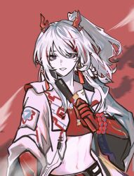 Rule 34 | 1girl, arknights, bandeau, beads, chinese commentary, colored extremities, commentary request, crop top, dragon girl, dragon horns, earrings, grey jacket, hand fan, highres, holding, holding fan, horns, jacket, jewelry, looking at viewer, medium hair, midriff, multicolored hair, navel, nian (arknights), open clothes, open jacket, purple eyes, red background, red bandeau, red hair, shang ge promax, smile, solo, streaked hair, upper body, white hair