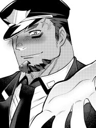 Rule 34 | 1boy, bara, beckoning, blush, dark-skinned male, dark skin, facial hair, foreshortening, goatee, hat over one eye, highres, live a hero, looking at viewer, male focus, medium sideburns, muscular, muscular male, necktie, satou shouhei, scar, scar on face, scar on forehead, shaft (live a hero), short hair, sideburns stubble, solo, stubble, thick eyebrows, upper body