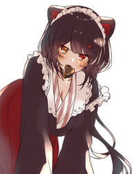 Rule 34 | 1girl, all fours, animal ears, black collar, blush, breasts, bright pupils, brown hair, brown kimono, candy, chocolate, chocolate heart, cleavage, collar, commentary request, dog ears, feet out of frame, flower, food, food in mouth, frilled straps, frills, hair flower, hair ornament, heart, heart-shaped food, heterochromia, highres, inui toko, inui toko (1st costume), japanese clothes, kimono, large breasts, long hair, long skirt, long sleeves, looking at viewer, maid headdress, mouth hold, nijisanji, open clothes, open kimono, red eyes, red kimono, red skirt, shigure (sigre), simple background, skirt, slit pupils, solo, strap slip, striped clothes, striped kimono, vertical-striped clothes, vertical-striped kimono, very long hair, virtual youtuber, white background, white headdress, white kimono, white pupils, yellow eyes