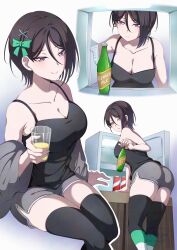 1girl alternate_costume ass bang_dream! bare_shoulders black_hair black_thighhighs bottle bow breasts can cleavage cup dolphin_shorts glass green_bow grey_shorts hair_between_eyes hair_bow hair_ornament highres holding holding_bottle holding_cup kitayu large_breasts light_smile looking_at_viewer multiple_persona pajamas red_eyes refrigerator refrigerator_interior shorts signature sitting smile solo thighhighs upper_body x_hair_ornament yashio_rui zettai_ryouiki