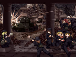 6+girls arekishi_raiho armored_personnel_carrier armored_vehicle assault_rifle balkenkreuz battle blonde_hair blood blue_eyes brown_hair caterpillar_tracks combat_helmet combat_medic corpse cross defeat destruction explosive fire german_text grenade gun half-track hand_grenade helmet high-explosive_anti-tank_(warhead) highres injury knife kurohitsuji_(blacksheep_eg6) long_hair man-portable_anti-tank_systems military military_uniform military_vehicle motor_vehicle mp_40 multiple_girls original panzerfaust ppsh-41 recoilless_gun rifle rocket_launcher schutzstaffel sdkfz_251 short_hair smoke soldier stahlhelm stg44 stick_grenade stielhandgranate submachine_gun t-34 tank tears vehicle waffen-ss war weapon world_war_ii