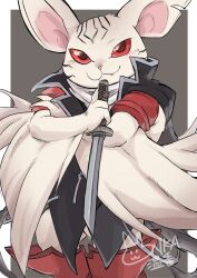 1boy animal_ears bat_boy bat_ears bat_wings closed_mouth commentary_request fangs fangs_out furry furry_male hand_wings heismay_(metaphor:_refantazio) highres holding holding_knife holding_weapon knife looking_at_viewer male_focus metaphor:_refantazio notched_ear red_eyes shirokumaou smile weapon wings