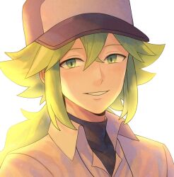 1boy collared_shirt commentary_request crossed_bangs green_eyes green_hair grin hair_between_eyes happy hat highres long_hair looking_at_viewer male_focus n_(pokemon) nakikot_t nintendo pokemon pokemon_bw portrait shirt smile solo teeth undershirt
