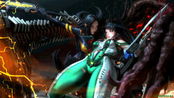 artist_name black_hair blue_eyes blunt_bangs bodysuit breasts brown_eyes cleavage clothing_cutout eve_(stellar_blade) full_body gloves highres holding holding_sword holding_weapon impossible_clothes large_breasts long_hair long_sleeves medium_breasts multiple_girls open_mouth planet_diving_suit_(7th)_(stellar_blade) ponytail skin_suit_(stellar_blade) skin_tight standing stellar_blade swept_bangs sword tachy_(stellar_blade) thighs two-tone_bodysuit very_long_hair weapon whoareuu yuri