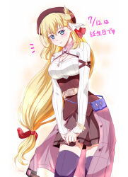 Rule 34 | 1girl, agnes claudel, artist name, bag, beret, blonde hair, blue eyes, blush, bracelet, breasts, bun with braided base, cleavage cutout, clothing cutout, cowboy shot, dated, double-parted bangs, eiyuu densetsu, floating hair, hair between eyes, hair bun, handbag, happy birthday, hat, jewelry, kai no kiseki, kuro no kiseki (series), large breasts, long hair, low-tied long hair, pendant, red hat, ribbed sweater, sidelocks, simple background, single side bun, skirt, smile, solo, sweater, thighhighs, two-tone background, white background, xiacheng tatsuya