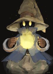 1boy absurdres artist_name black_background black_mage_(final_fantasy) blue_coat brown_gloves casting_spell coat embers feet_out_of_frame final_fantasy final_fantasy_ix fire gloves grey_pants hat high_collar highres lace-up lace-up_top no_mouth pants ribbon solo soraoyogusakana vivi_ornitier white_sleeve_cuffs wizard_hat yellow_eyes