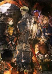 1girl 3boys armor arms_at_sides blurry braid chainmail chilchuck_tims covered_mouth dark depth_of_field dungeon_meshi facial_hair fake_horns frown frying_pan helmet highres horned_helmet horns laios_touden laios_touden marcille_donato marushiru multiple_boys pauldrons pointy_ears profile scabbard senshi_(dungeon_meshi) sheath shoulder_armor sitting staff standing swept_bangs tirchac_(dungeon_meshi) toi8 twin_braids