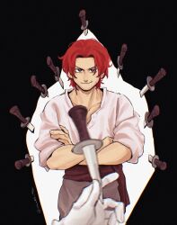 Rule 34 | 1boy, absurdres, black background, blurry, blurry foreground, bright pupils, brown eyes, brown pants, collarbone, crossed arms, dagger, highres, knife, looking at viewer, male focus, one piece, pants, pov, red hair, shanks (one piece), short hair, smile, solo focus, throwing knife, vamos mk, weapon, white pupils