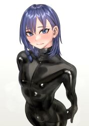 Rule 34 | 1boy, absurdres, black bodysuit, blue eyes, blue hair, bodysuit, bulge, gloves, highres, kilye kairi, latex, latex bodysuit, legs together, looking at viewer, male focus, medium hair, original, skin tight, solo, trap