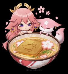 1girl animal_ears animalization bare_shoulders black_background blush bowl chibi commentary dual_persona earrings english_commentary food fox fox_ears genshin_impact jewelry long_hair low-tied_long_hair person_and_animalization pink_hair purple_eyes shirt simple_background sleeveless sleeveless_shirt smile tofu valeriehazlife very_long_hair white_shirt yae_miko yae_miko_(fox)