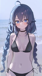 1girl absurdres ahoge aweqdre bikini black_bikini black_choker blue_eyes blue_hair blush braid breasts choker day highres long_hair looking_at_viewer low_twin_braids medium_breasts mushoku_tensei navel outdoors roxy_migurdia solo sweatdrop swimsuit twin_braids