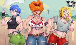 3girls belt black_tank_top blonde_hair blue_hair cartoon_network cigarette ed_edd_n_eddy fence lee_kanker marie_kanker may_kanker mrdeathcat multiple_girls orange_hair pants shirt smile tank_top wristband