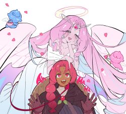2girls :d angel_wings bare_shoulders basket blue_hair bow_(weapon) braid breasts bright_pupils brown_capelet capelet cleavage collarbone colored_inner_hair colored_skin cookie_run cookie_run:_kingdom cowboy_shot cupid curtained_hair dark-skinned_female dark_skin demon_tail dress eternal_sugar_cookie eyes_visible_through_hair facing_viewer feathered_wings gloves halo hand_on_own_cheek hand_on_own_face heart heart-shaped_pupils highres holding holding_basket holding_bow_(weapon) holding_picnic_basket holding_weapon hollyberry_cookie humanization laughing long_dress long_hair looking_at_another looking_at_viewer looking_up low_wings multicolored_hair multiple_girls multiple_wings off-shoulder_dress off_shoulder official_alternate_costume ohta_guk_hip open_mouth oversized_wings picnic_basket pink_eyes pink_hair pink_skin pink_tail pink_wings red_gloves shield shield_on_back short_sleeves simple_background single_braid smile streaked_hair sweat symbol-shaped_pupils tail teeth two-tone_hair upper_body upper_teeth_only very_long_hair weapon white_background white_dress white_eyeshadow white_pupils white_undershirt wings yellow_halo