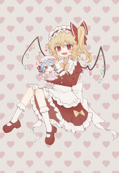 2girls absurdres adapted_costume alternate_costume apron back_bow blonde_hair blush blush_stickers bow bowtie buttons collared_dress commentary dress english_commentary enmaided fang flandre_scarlet frilled_apron frilled_hairband frilled_shirt_collar frilled_sleeves frills full_body fumo_(doll) hair_bow hairband heart heart_background highres invisible_chair juliet_sleeves long_sleeves looking_at_viewer maid maid_apron mary_janes mini_person minigirl multiple_girls one_side_up outline puffy_sleeves red_bow red_dress red_eyes red_shoes remilia_scarlet shoes siblings sisters sitting skin_fang socks sparkle touhou waist_apron white_apron white_bow white_outline white_socks wings yellow_bow yellow_bowtie yuuneka
