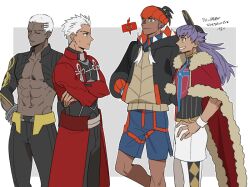 Rule 34 | 4boys, abs, archer (fate), arm behind back, baseball cap, black hair, black jacket, blue eyes, blue shorts, brown eyes, cape, commentary request, crossed arms, crossover, dark-skinned male, dark skin, dual persona, emiya alter, fate/grand order, fate (series), fur-trimmed cape, fur trim, gen 4 pokemon, hands in pockets, hat, headband, ichimatsuinfo, jacket, leon (pokemon), male focus, multiple boys, navel, nintendo, orange headband, pokemon, pokemon swsh, purple hair, raihan (pokemon), red cape, rotom, rotom phone, shorts, translation request, very dark skin, white hair