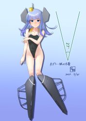 1girl absurdres alternate_costume black_one-piece_swimsuit boots breasts competition_swimsuit cosplay dated full_body garrison_cap hat hatsukaze_(kancolle) headgear highleg highleg_one-piece_swimsuit highres kantai_collection long_hair machinery one-piece_swimsuit scamp_(kancolle) scamp_(kancolle)_(cosplay) solo swimsuit two-tone_swimsuit yellow_hat yuushou