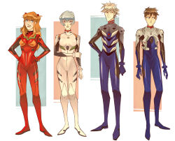 2boys 2girls annoyed arm_at_side arms_at_sides averting_eyes ayanami_rei black_bodysuit black_eyes black_trim blue_bodysuit blue_eyes blue_hair bob_cut bodysuit breasts brown_hair closed_mouth commentary deadpan english_commentary expressionless full_body furrowed_brow green_trim grey_bodysuit grey_hair grimace hand_on_own_arm hand_on_own_hip hands_on_own_hips highres ikari_shinji interface_headset_(evangelion) light_frown light_smile lipstick long_hair looking_at_another looking_at_viewer looking_to_the_side makeup mecha_pilot_suit medium_breasts multiple_boys multiple_girls nagisa_kaworu neon_genesis_evangelion orange_trim parted_lips pink_lips plugsuit_(evangelion) rectangle red_bodysuit red_eyes red_lips short_hair sidelocks smug souryuu_asuka_langley standing straight-on thigh_gap two-tone_bodysuit v-shaped_eyebrows white_background white_bodysuit xim_(nadiezda11)