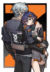 1boy 1girl ahoge belle_(zenless_zone_zero) black_jacket black_pants black_shirt black_thighhighs blue_hair brother_and_sister earrings expressionless green_eyes grey_hair hair_ornament hashtag-only_commentary head_on_another&#039;s_shoulder highres jacket jewelry letter_hair_ornament long_sleeves looking_at_viewer open_clothes open_jacket pants shirt short_hair siblings single_thighhigh standing thighhighs tupikeee wise_(zenless_zone_zero) zenless_zone_zero