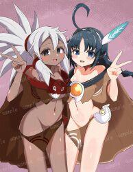 2girls ahoge anklet aqua_eyes black_eyes black_hair blush braid breasts chibiharin commission cosplay dark_skin feather_hair_ornament feathers hair_ornament headband high_ponytail highres huntress_terun jewelry kasli_(nyanko_daisensou) kasli_(nyanko_daisensou)_(cosplay) looking_at_viewer magatama mask multiple_girls navel nyanko_daisensou open_mouth ponytail purple_background red_mask revealing_clothes sample_watermark skeb_commission small_breasts smile twin_braids ururun_wolf_(nyanko_daisensou) v watermark white_hair