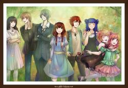 3boys 5girls :d ^_^ ahoge arm_at_side asa_(this_world_unknown) black_dress black_footwear black_jacket black_pants black_shirt blonde_hair blue_eyes blue_hair blush braid brown_eyes brown_hair brown_pants choker clenched_hand clenched_teeth closed_eyes closed_mouth collarbone collared_shirt commentary commission crossed_arms demon_girl demon_horns demon_tail denim detached_sleeves double_bun double_v dress empty_horizons framed freckles frilled_choker frilled_sleeves frills green_eyes green_shirt grey_hair grin hair_between_eyes hair_bun hair_over_one_eye hand_on_own_hip hat head_tilt horns hug hug_from_behind jacket jeans kari_avalon leg_up licia_(strawberry_vinegar) light_particles long_hair long_sleeves looking_at_another looking_at_viewer low_ponytail lyon_(empty_horizons) mireille_maiorano multiple_boys multiple_girls nurse nurse_cap off-shoulder_shirt off_shoulder one_side_up onodera_tsuzumi open_clothes open_jacket open_mouth orange_hair pants parted_lips pink_hair pink_skirt ponytail profile puffy_long_sleeves puffy_sleeves purple_skirt rhea_(this_world_unknown) romaji_text sakuraba_rie shirt short_hair short_sleeves skirt smile standing strawberry_vinegar striped_clothes striped_legwear striped_thighhighs tail teeth the_way_we_all_go thighhighs this_world_unknown tree twin_braids v valerian_(this_world_unknown) vertical-striped_clothes vertical-striped_legwear vertical-striped_thighhighs waving white_dress white_legwear white_shirt wing_collar