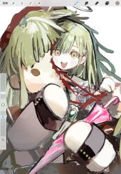 1girl :d art_program_in_frame bang_dream! bang_dream!_it&#039;s_mygo!!!!! beret chinese_commentary closed_umbrella commentary_request damaged green_hair hat highres holding holding_umbrella long_hair long_sleeves looking_at_viewer mascot_costume mortis_(bang_dream!) mortis_(costume)_(bang_dream!) mortis_(persona)_(bang_dream!) open_mouth pink_umbrella procreate_(medium) red_hat shenhai_mo_yu_dawang sidelocks smile solo umbrella upper_body wakaba_mutsumi wakaba_mutsumi_(doll) yellow_eyes