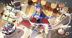 1girl absurdres android berry birgitta_(genshin_impact) blue_cape blue_eyes blue_hair bowl breasts cake cape cherry chinese_commentary commentary_request cream donut door feet_out_of_frame food fruit genshin_impact hat highres holding holding_bowl holding_whisk ice_cream_cone ineffa_(genshin_impact) joints looking_at_viewer mechanical_arms mixing_bowl plate pouring pretzel robot robot_ears robot_girl robot_joints short_hair sidelocks solo sparkle standing strawberry waffle wei_yi whisk