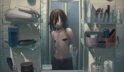 1other anatomical_nonsense bathroom black_hair extra_mouth hair_over_eyes indoors long_hair mirror nipples original solo tensen_(dotted_line) toothbrush undressing what