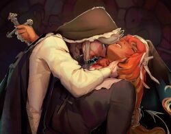 Rule 34 | 2400db, 2girls, alternate costume, alternate skin color, alternate universe, biting, blood, blood on face, blood on neck, blue eyes, clenched teeth, closed eyes, cross, crucifix, faust (project moon), freckles, hand on another&#039;s neck, highres, ishmael (project moon), limbus company, looking at viewer, multiple girls, neck biting, nun, open mouth, orange hair, project moon, saliva, saliva trail, sideways glance, teeth, tongue, tongue out, traditional nun, vampire, yuri