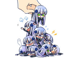 &gt;_o 1other 6+girls black_jacket blank_eyes blue_hair blush_stickers chibi clenched_teeth closed_eyes cross cross_hair_ornament dogpile faceplant flying_sweatdrops girls&#039;_frontline giving_up_the_ghost green_eyes hair_ornament half-closed_eyes hk416_(girls&#039;_frontline) iron_cross jacket lightning_bolt_symbol long_hair looking_at_another mini_person minigirl multiple_girls on_floor one_eye_closed open_mouth outstretched_arm picking_up puff_of_air shaded_face simple_background rectangular_mouth su_xiao_jei teardrop_facial_mark teeth v-shaped_eyebrows wavy_mouth white_background