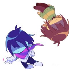 2others antenna_hair armored_boots armored_gloves arms_at_sides blue_hair blue_skin bob_cut boots brown_footwear brown_hair brown_pants chibi chibi_only closed_mouth colored_skin dark_blue_hair deltarune double-parted_bangs dual_persona full_body gloves green_sweater grey_footwear grey_gloves hashtag-only_commentary highres kris_(deltarune) long_sleeves multiple_others other_focus pants pink_scarf pointing puffy_long_sleeves puffy_sleeves scarf short_hair simple_background skn_1027 striped_clothes striped_sweater sweater two-tone_sweater white_background yellow_sweater