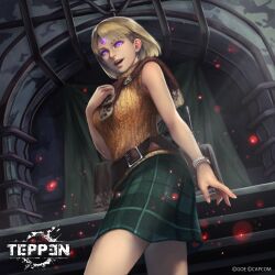 1girl ashley_graham belt blonde_hair bracelet breasts brown_sweater candle candlestand capcom gem_on_head glowing glowing_eyes glowing_gem green_skirt highres jewelry looking_at_viewer medium_breasts mind_control official_art open_mouth purple_eyes resident_evil resident_evil_4 scarf shiyuu_(shiyu) shrine skirt sleeveless smile stairs sweater teeth teppen
