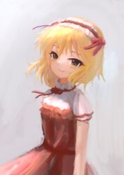 1girl blonde_hair closed_mouth dress green_eyes grey_background hairband highres idolmaster idolmaster_cinderella_girls lolita_hairband looking_at_viewer red_dress rpbpc_8 sakurai_momoka short_hair short_sleeves smile solo standing upper_body