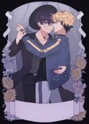 Rule 34 | 2boys, azg905, belt, black belt, black hair, black hat, black jacket, black pants, black shirt, blonde hair, blue jacket, closed mouth, curtains, dancing, eye contact, flower, glasses, grey pants, hand grab, hand on another&#039;s waist, hat, highres, holding hands, jacket, jewelry, liu xiao, long sleeves, looking at another, male focus, multicolored hair, multiple boys, multiple rings, neck tattoo, necklace, open clothes, open jacket, pants, profile, purple eyes, purple flower, purple hair, ring, shiguang dailiren, shirt, short hair, smile, sunflower, tattoo, turtleneck, watermark, xia fei, yaoi, yellow eyes, yellow flower