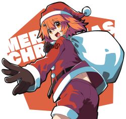 1girl a.i._voice absurdres adachi_rei belt black_gloves cowboy_shot datemegane fur-trimmed_headwear fur-trimmed_shirt fur_trim gloves hair_between_eyes hat highres holding holding_sack long_sleeves midriff_peek open_mouth orange_eyes orange_hair pom_pom_(clothes) red_hat red_shirt red_shorts sack santa_costume santa_hat shirt shorts three-quarter_sleeves solo teeth tongue upper_teeth_only utau
