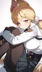 1girl absurdres alice_thymefield animal_ears black_pantyhose blonde_hair blush breasts fingerless_gloves gloves heterochromia highres large_breasts long_hair on_floor orange_eyes pantyhose pleated_skirt red_eyes shali shirt sitting skirt solo sphere_hair_ornament twintails white_shirt zenless_zone_zero