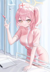 1girl bed blue_archive blush breasts closed_mouth commentary_request curtains dress feather_hair halo hat highres holding holding_syringe hospital_bed infirmary iv_stand looking_at_viewer nurse nurse_cap official_alternate_costume one_side_up pink_dress pink_eyes pink_hair pink_hat poyih privacy_screen serina_(blue_archive) serina_(nurse)_(blue_archive) short_sleeves smile solo syringe yellow_halo