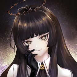 Rule 34 | 1girl, arknights, black gloves, brown eyes, brown halo, chinese commentary, closed mouth, commentary, diamond-shaped pupils, diamond (shape), feng tang shuangjiang, gloves, halo, hand on own face, highres, hime cut, looking at viewer, smile, solo, symbol-shaped pupils, upper body, virtuosa (arknights)