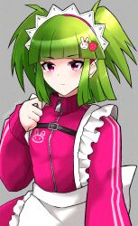 1girl apron beatmania_iidx bemani blunt_bangs blush closed_mouth commentary_request cowboy_shot expressionless food-themed_hair_ornament green_hair grey_background hair_ornament highres hishimiya_tsugaru jacket jersey_maid long_sleeves looking_at_viewer maid maid_headdress medium_hair pink_eyes pink_jacket prop_is_god rabbit_hair_ornament simple_background solo strawberry_hair_ornament two_side_up unconventional_maid waist_apron white_apron