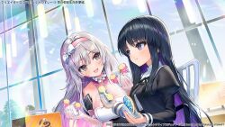 2girls :d assault_lily bare_shoulders black_hair black_ribbon black_skirt blue_sky blush bow bow_hairband box breasts chair closed_mouth collar commentary_request copyright_notice couch criss-cross_halter cropped_jacket day detached_sleeves donut dutch_angle elbow_gloves eye_contact flower food frilled_collar frills gloves grey_eyes grey_hair hair_between_eyes hair_bow hair_flower hair_ornament hairband halter_shirt halterneck hands_up hanging_light hayakawa_yahiro high-waist_skirt holding holding_food indoors juliet_sleeves lace lace_gloves large_breasts leaning_forward lens_flare light_particles long_hair long_sleeves looking_at_another looking_to_the_side medium_breasts multiple_girls neck_ribbon official_art on_chair open_mouth pi_(p77777778) pink_hairband puffy_sleeves purple_eyes ribbon school_uniform shirai_yuyu shirt short_sleeves side-by-side sidelocks sideways_glance sitting skirt sky sleeveless sleeveless_shirt smile table tree upper_body white_bow white_collar white_flower white_gloves white_shirt window yurigaoka_girls_academy_school_uniform